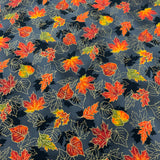 100% cotton Red-orange autumn leaves charcoal grey background (Autumn Bouquet)

